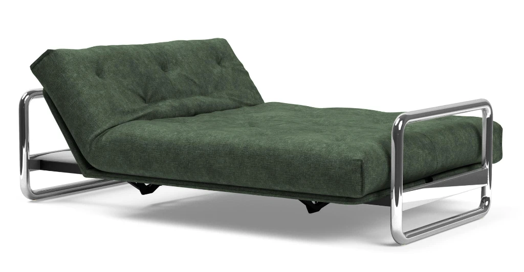 Lomira bäddsoffa, klädd i tyg 281 Avella Pine Green, som säng med höjd huvudände