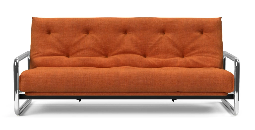 Lomira bäddsoffa, klädd i tyg 412 Esina Rust Orange, som soffa rakt framifrån