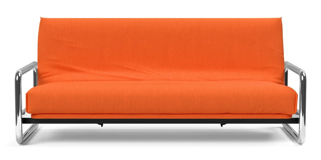 Lomira bäddsoffa, klädd i tyg 510 Elegance Orange, som soffa rakt framifrån